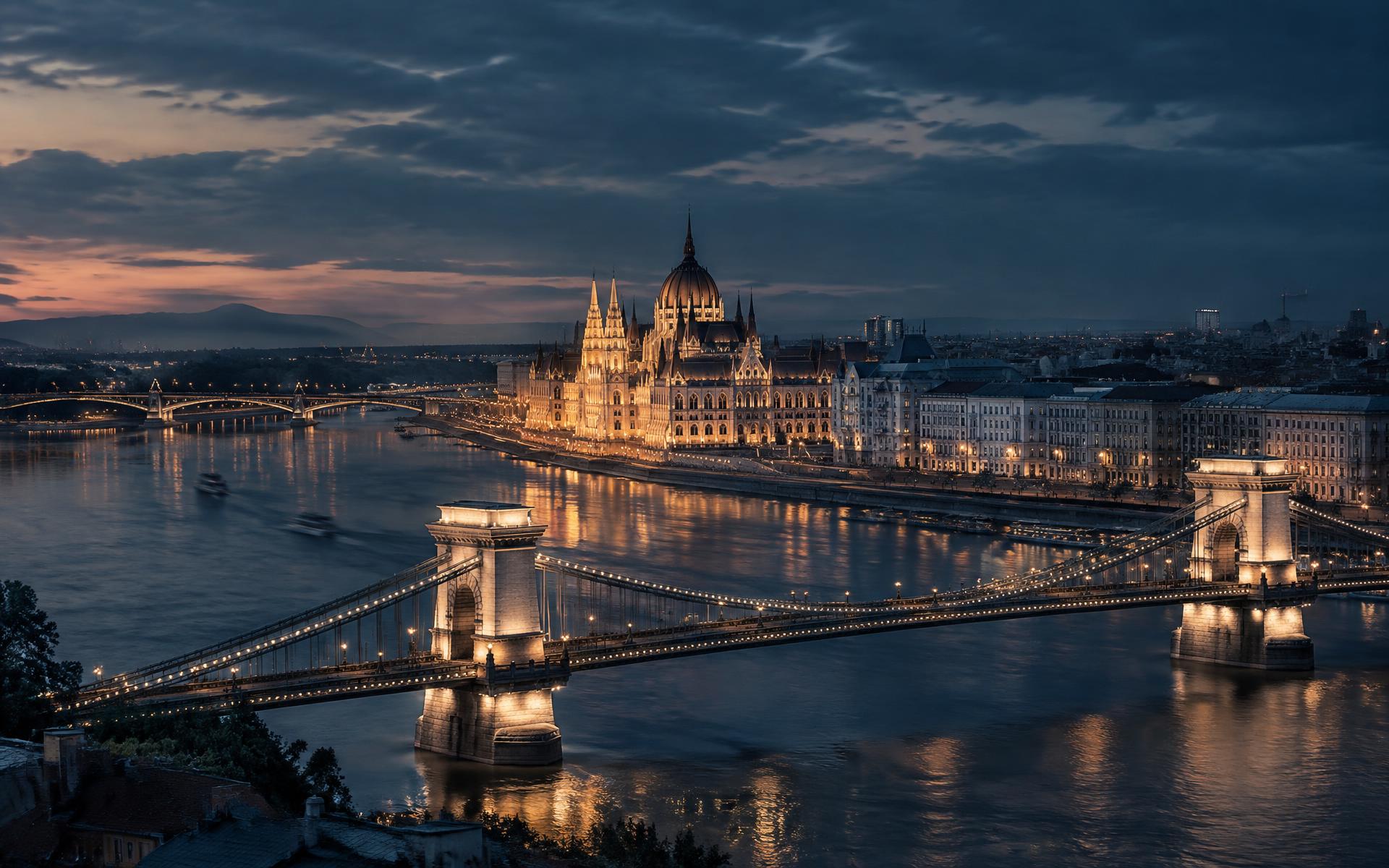 Budapest skyline with the Danube at dusk
